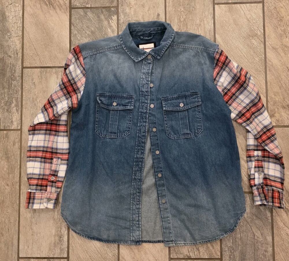 American Eagle Womens XXS Denim Flannel Shirt Blue Plaid Sleeve Button Up